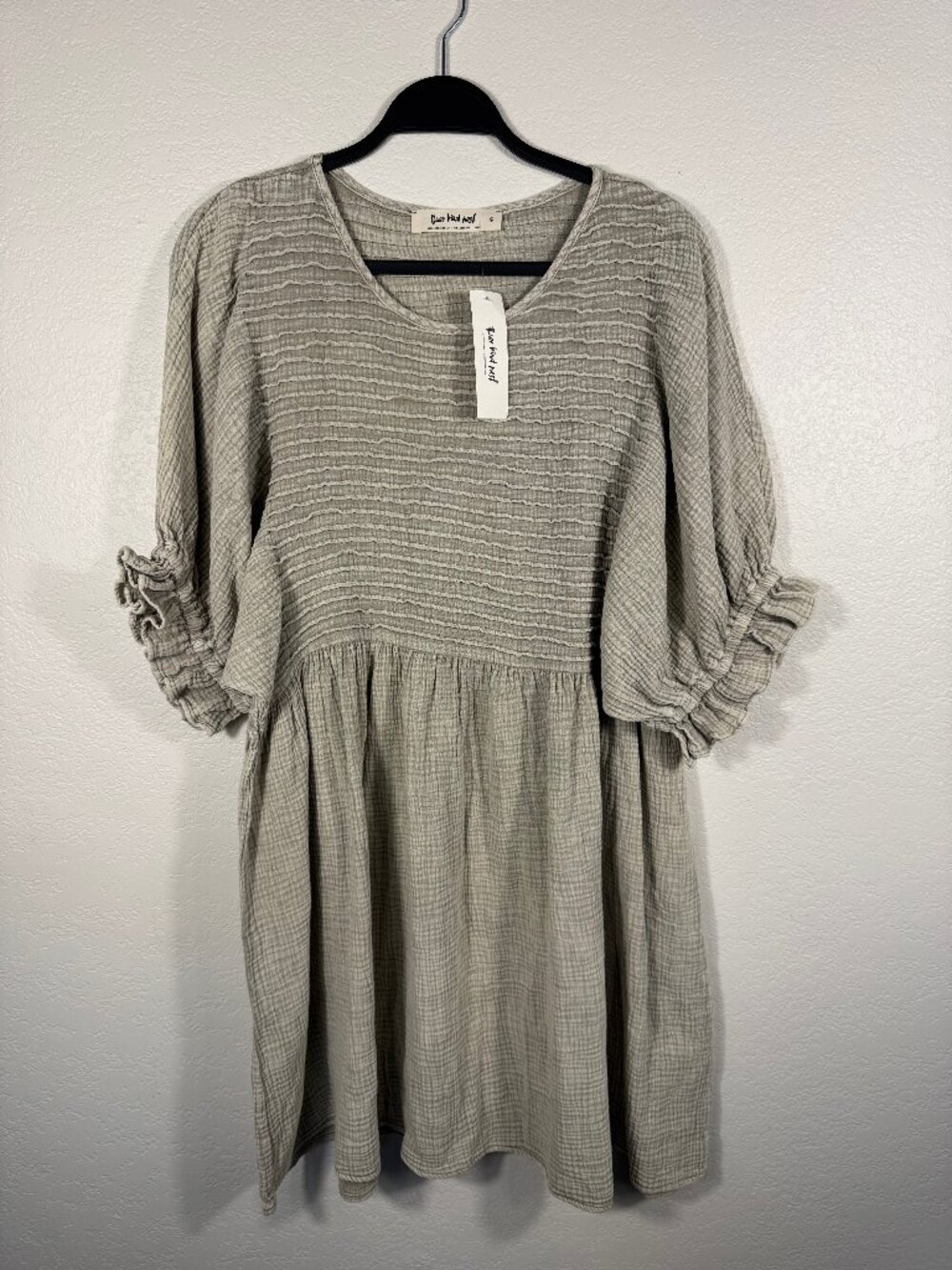 NWT Three Bird Nest Quinn Puff Sleeve Mini Dress S Cream Tan Gauze Babydoll Boho